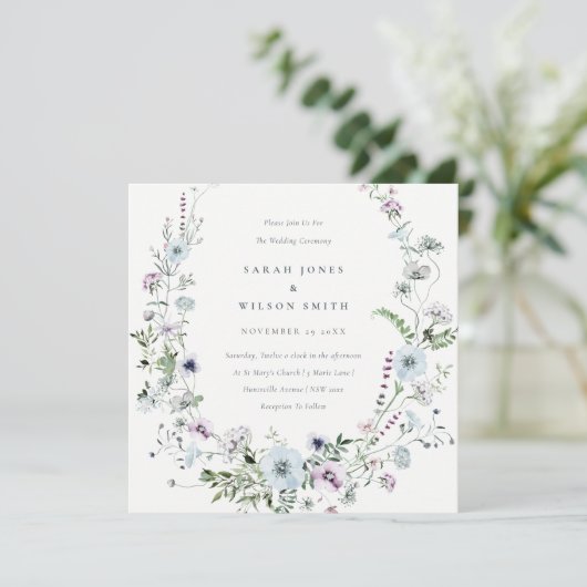 Bleek Blauw Lila Wildflower Wreatding Wedding Invi Bedankkaart (Staand voorkant)