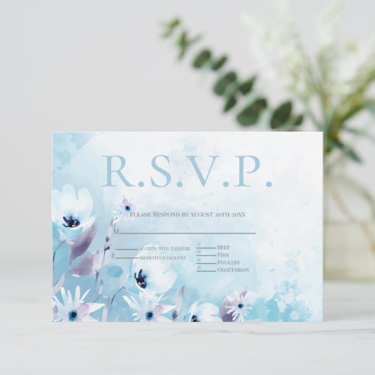 Bleek blauw menu Anemone Flowers Keuze RSVP (Staand voorkant)