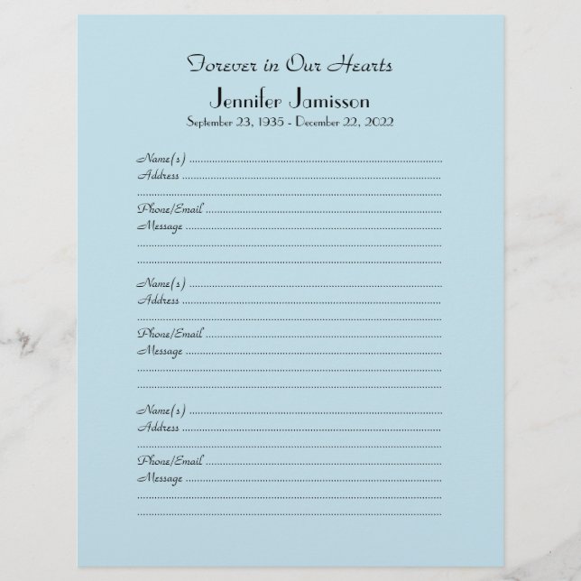 Bleek blauw of uw kleur Memorial Book Filler pagin (Voorkant)