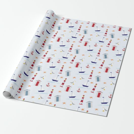 Bleek blauw rood gele patroon cadeaupapier (Uitgerold)