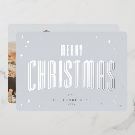 Bleek Blauw Vrolijk Kerstfeest Retro Sterren Foto Folie Feestdagenkaart (Voorkant / Achterkant)