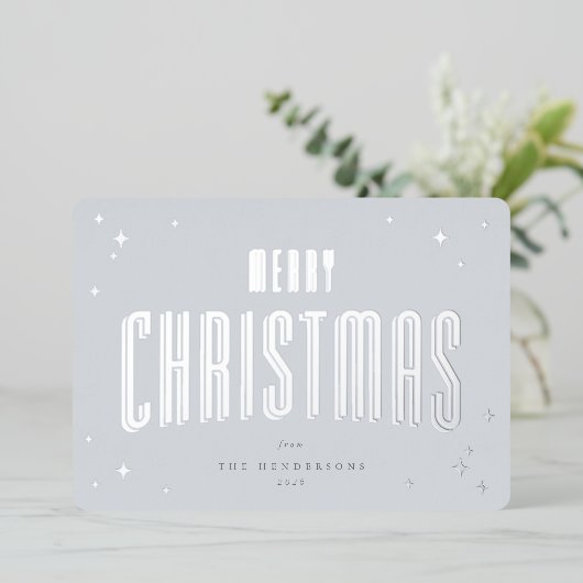 Bleek Blauw Vrolijk Kerstfeest Retro Sterren Foto Folie Feestdagenkaart (Staand Voorkant)