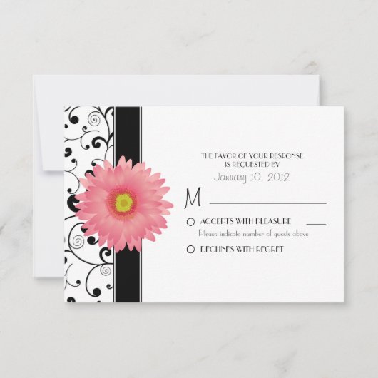 Bleek Bleek Gerbera Daisy Black Scroll Design RSVP Kaartje (Voorkant)
