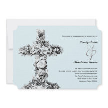 Bleek Blue Floral Cross Christia Wedding Invitatio