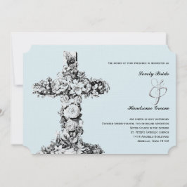 Bleek Blue Floral Cross Christia Wedding Invitatio Kaart