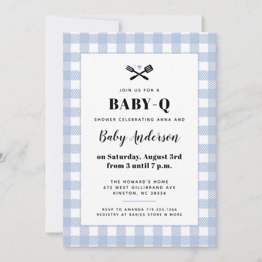 Bleek Blue Gingham Pset Baby shower BBQ Kaart (Voorkant)