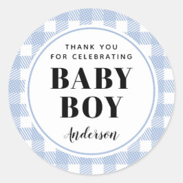 Bleek Blue Gingham Pset Dank je baby Boy Ronde Sticker