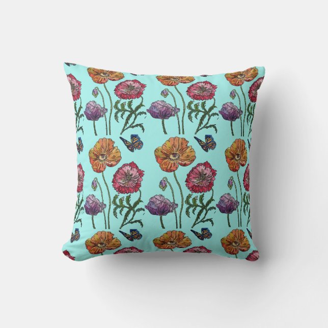 Bleek Blue Shabby Waterverf Poppy Cushion Kussen (Voorkant)