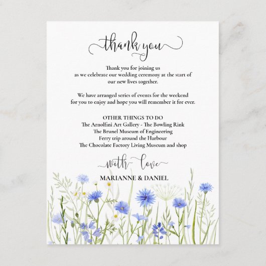 Bleek Blue Wildflower bruiloft gast welkom Informatiekaartje (Achterkant)