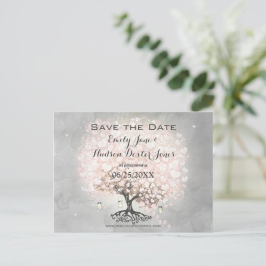 Bleek Dogwood Pink Heart Leaf Tree Bird Wedding Aankondigingskaart (Staand voorkant)