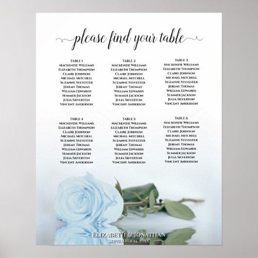 Bleek Dusty Blue Roos 6 Tafel Bond Seating Chart Poster (Voorkant)