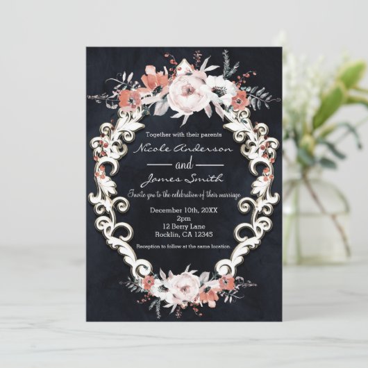 Bleek Floral Dark Chalk Elegant Winter Wedding Kaart (Staand voorkant)