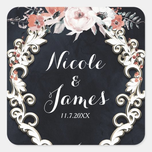 Bleek Floral Dark Chalk Elegant Winter Wedding Vierkante Sticker (Voorkant)