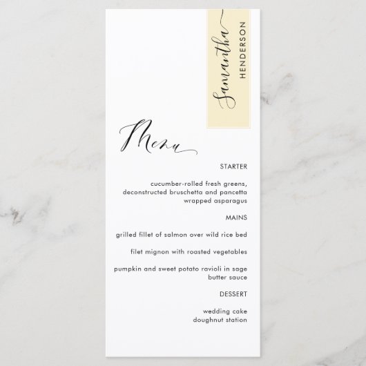 Bleek geel gepersonaliseerd met gastennaam Elegant Menu (Voorkant)