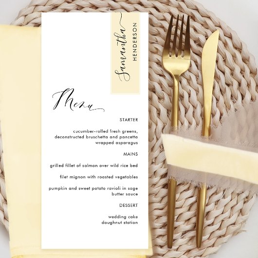 Bleek geel gepersonaliseerd met gastennaam Elegant Menu