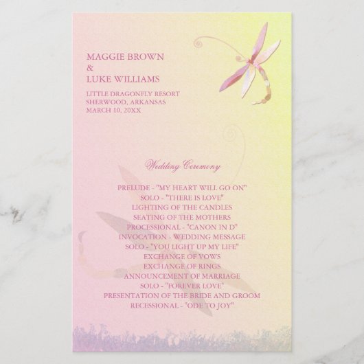 Bleek geel & roze Dragonfly bruiloft programma (Voorkant)