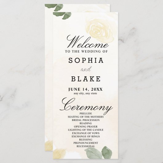 Bleek geel rozen en groen bruiloft programma (Voorkant / Achterkant)