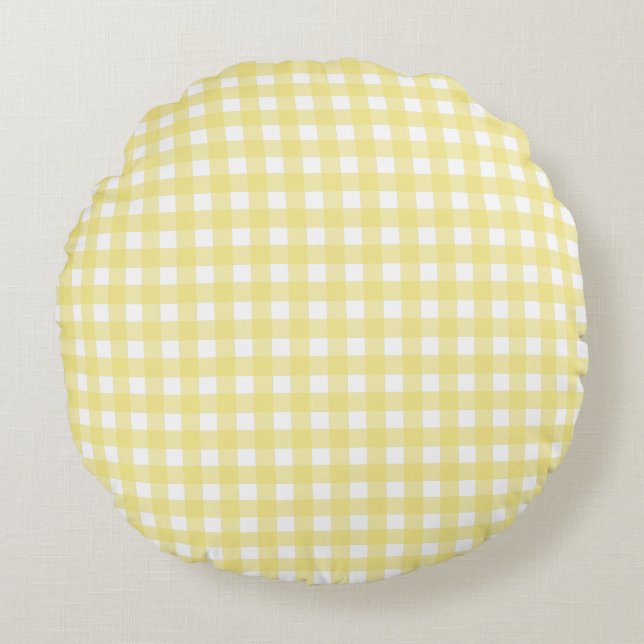 Bleek gele en witte gingham rond kussen (Voorkant)