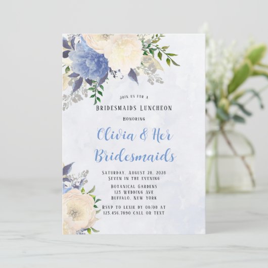 Bleek gele mosterd Blauwe Pony Bridesmaids Luncheo Kaart (Staand voorkant)