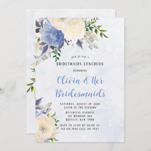 Bleek gele mosterd Blauwe Pony Bridesmaids Luncheo Kaart (Voorkant / Achterkant)