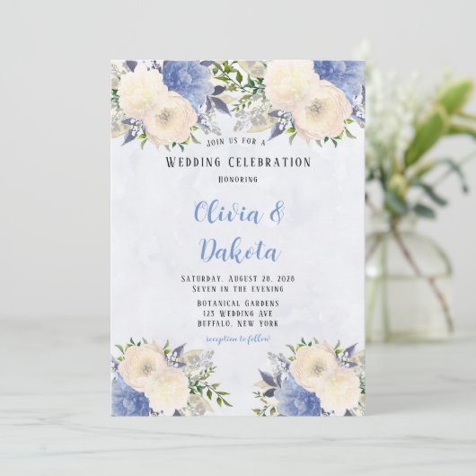 Bleek gele mosterdblauw botanische pony bruiloft kaart (Staand voorkant)