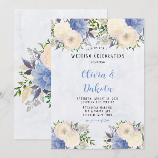 Bleek gele mosterdblauw botanische pony bruiloft kaart (Voorkant / Achterkant)