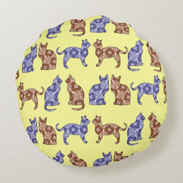 Bleek gele Paisley Cats Pattern Sierkussen Rond Kussen (Achterkant)