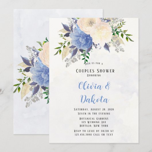 Bleek Gele Stusty Blue Peony Floral Couples Shower Kaart (Voorkant / Achterkant)