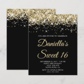 Bleek Gold Glitter Black Sweet 16 Budget Invitatio (Voorkant / Achterkant)