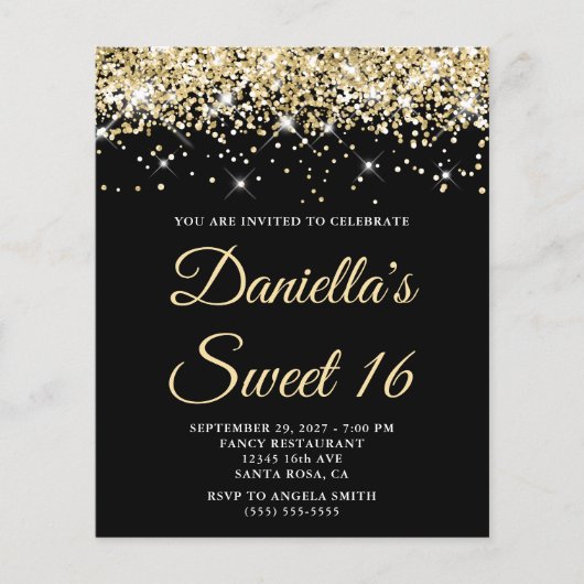 Bleek Gold Glitter Black Sweet 16 Budget Invitatio (Voorkant)