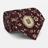 Bleek goudbloemen op chocolade bordeaux monogram stropdas (Opgerold)