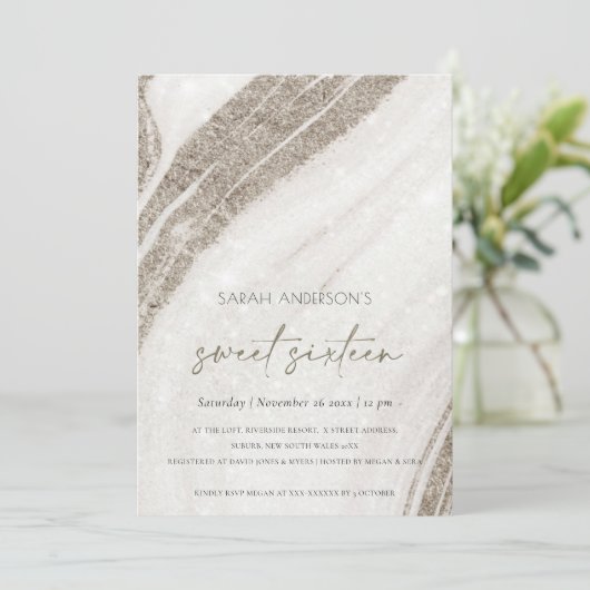 Bleek goudmarmer Agate Sweet 16 zaterdag Uitnodigi Bedankkaart (Staand voorkant)