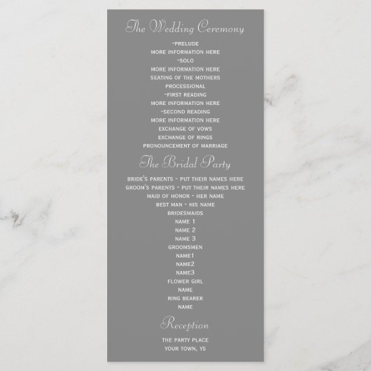 Bleek grijs huwelijksprogramma programmakaart (Achterkant)