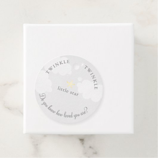 Bleek grijs Twinkle Little Star Baby shower Verjaa Bedankjes Labels (In situ)