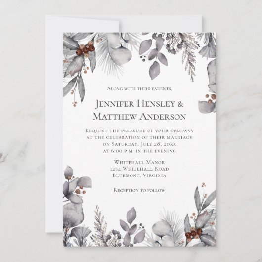 Bleek grijs, zilveren terracotta winterbruiloft kaart (Voorkant)