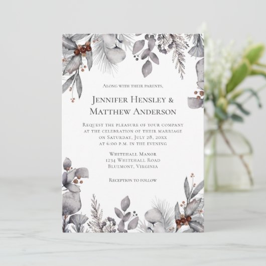 Bleek grijs, zilveren terracotta winterbruiloft kaart (Staand voorkant)