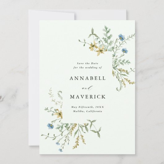 Bleek groen delicate wilde bloem boho bruiloft fot save the date (Voorkant)