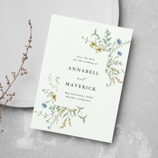 Bleek groen delicate wilde bloem boho bruiloft fot save the date