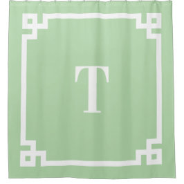 Bleek Groen en Wit Grieks Sleutel Eenvoudig Monogr Douchegordijn