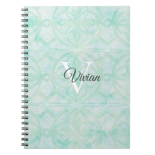 Bleek Jade Green Waterverf Monogram Naam Notitieboek (Voorkant)
