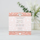 Bleek koraal en grijze Damask Wedding Invitations Kaart (Staand voorkant)