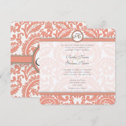Bleek koraal en grijze Damask Wedding Invitations Kaart (Voorkant / Achterkant)