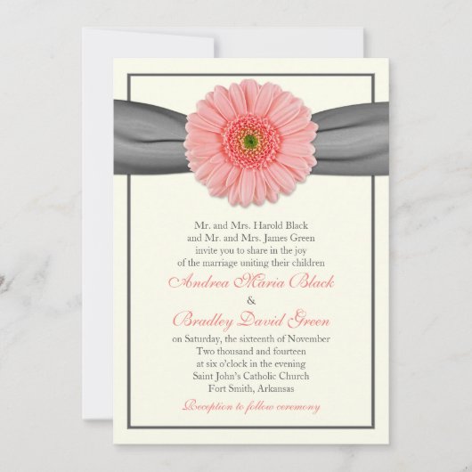 Bleek koraal Gerbera Gray Ribbon Wedding Invitatio Kaart (Voorkant)