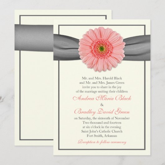 Bleek koraal Gerbera Gray Ribbon Wedding Invitatio Kaart (Voorkant / Achterkant)