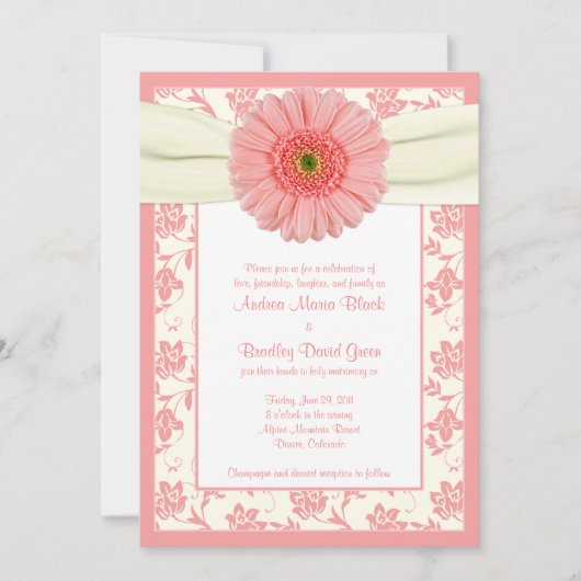 Bleek koraal Gerbera ivory Floral Wedding Invitati Kaart (Voorkant)