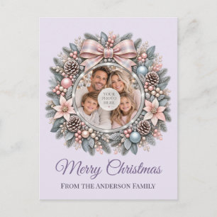 Bleek Lavendel Zilveren Krans Familie Kerstmis Feestdagenkaart