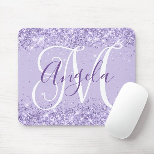 Bleek lavender Glitter Elegant Script Monogram Muismat (Met muis)