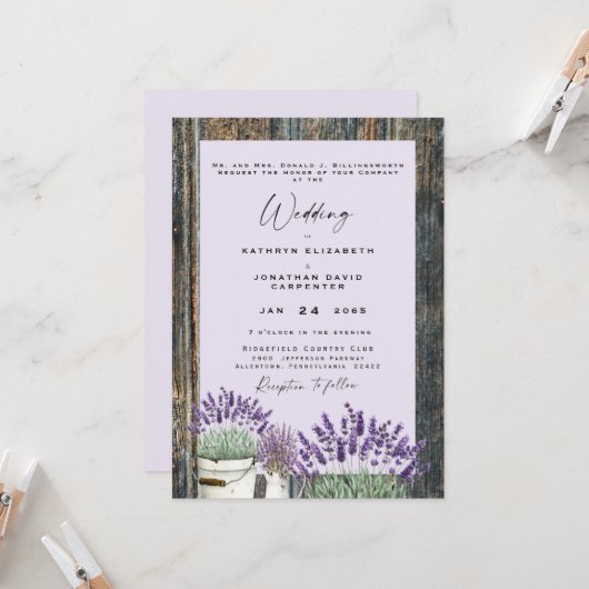 Bleek Lavender Rustic Wood Wedding Kaart (Voorkant / Achterkant in situ)