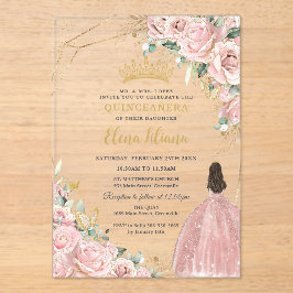 Bleek lichtroze bloemige rozen Quinceanera Sweet 1 Acryl Uitnodigingen