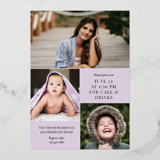 Bleek Lila Gold Foil Calligrafie Foto-Afstuderen Folie Uitnodiging (Achterkant)